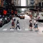 Pedestrians on a busy city street